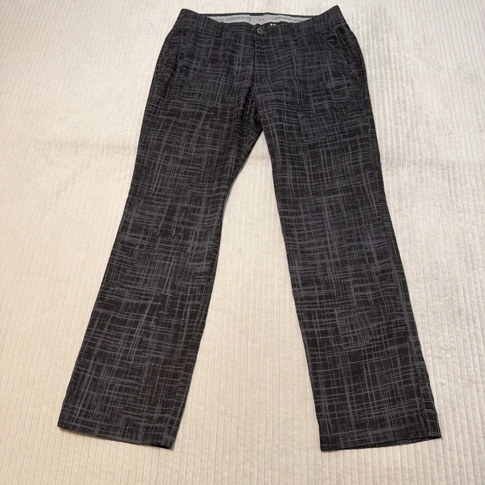 Under Armour Mens 36x32 Golf Pants Black Grey Plaid Performance Straight Leg